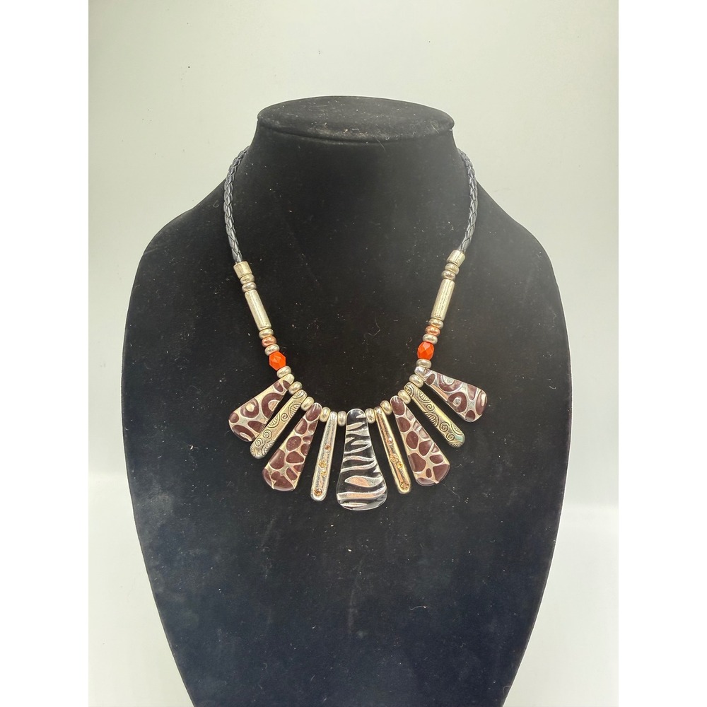 Tribal Bib Statement Necklace Animal Print Enamel Mixed Metal Braided Cord‎ 17in